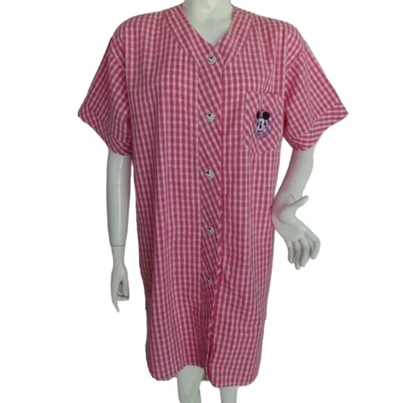 MICKEY & CO Nightgown, L, Pink Seersucker, Button front w/Logo, Short sleeves - Picture 1 of 13